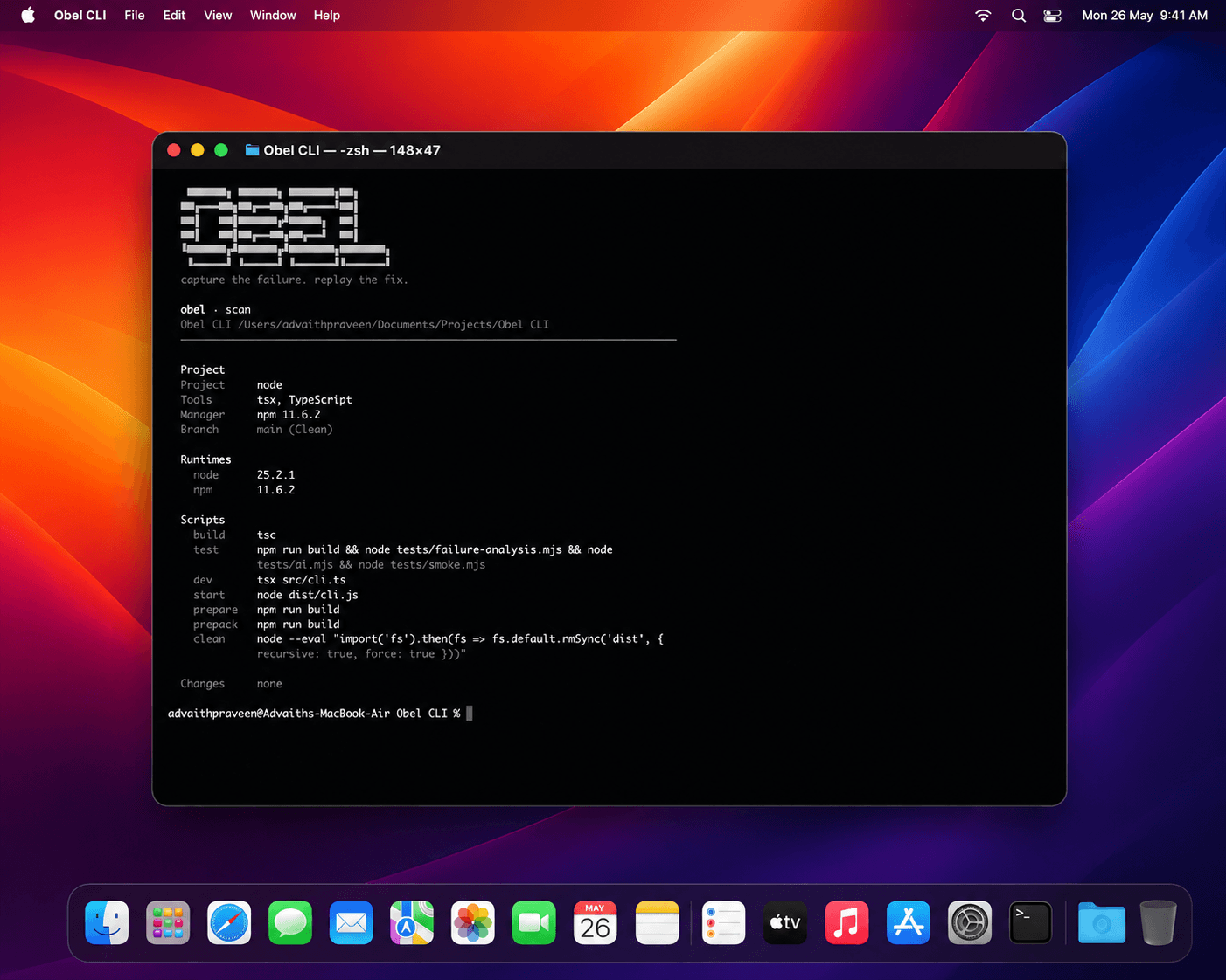 Obel CLI running a project scan in a macOS terminal window.